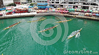 Drone view of dragon boat contest is begin for the duanwu festival. Editorial Stock Photo