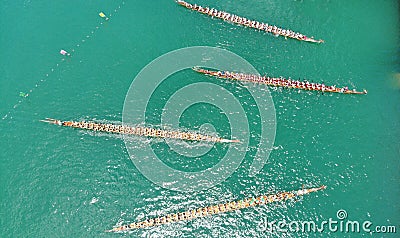 Drone view of dragon boat contest is begin for the duanwu festival. Stock Photo