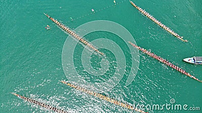 Drone view of dragon boat contest is begin for the duanwu festival. Stock Photo
