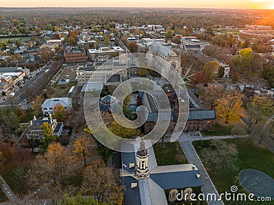 Drone view of golden sunrise over Princeton New Jersey. Cityscape with famous landmarks Editorial Stock Photo