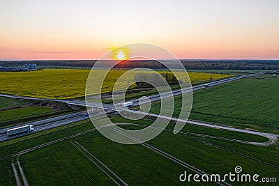 Drone view on highway in Gliwice during sunset Stock Photo