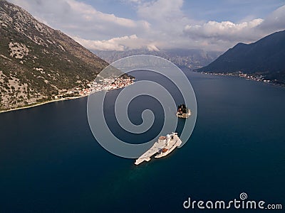 Drone view of the islands of Gospa od Skrpjela and St. George in the Bay of Kotor. Montenegro Stock Photo