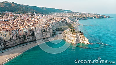 Drone view of the Italian town of Tropea in Calabria. Aerial View of the coastline, city and the Santa Maria dell Isola Monastery Stock Photo