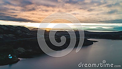 Drone view of lake during sunset in iceland Stock Photo