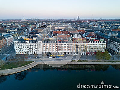 Drone View Neon Lights on Buildings in Copenhagen, Denmark Editorial Stock Photo