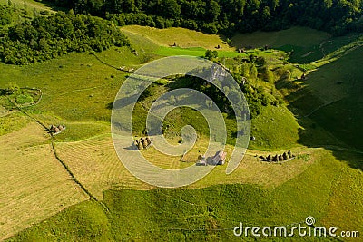 Drone view over Transylvania village in the Carpathian mountain , Fundatura Ponorului, Romania Stock Photo