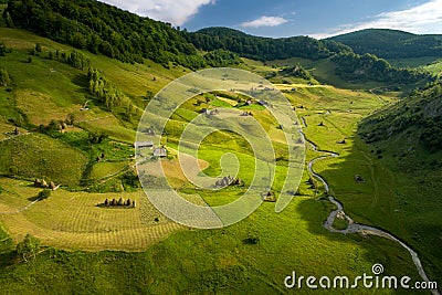 Drone view over Transylvania village in the Carpathian mountain , Fundatura Ponorului, Romania Stock Photo