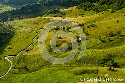 Drone view over Transylvania village in the Carpathian mountain , Fundatura Ponorului, Romania Stock Photo