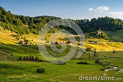 Drone view over Transylvania village in the Carpathian mountain , Fundatura Ponorului, Romania Stock Photo