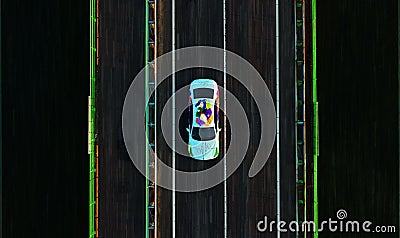 Drone view of a painted white Bentley Unifying spur car driving on a bridge Editorial Stock Photo