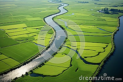 Aerial drone view of green landscape with canals Stock Photo