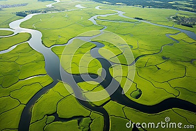 Aerial drone view of green landscape with canals Stock Photo