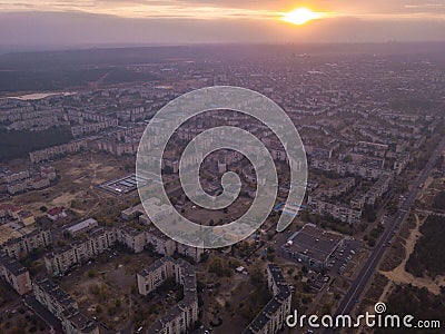 Drone view of smoke floats over the small town in Ukraine Stock Photo