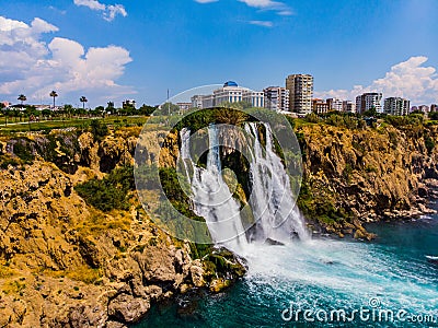 Drone view to the Duden waterfalls in Antalya Stock Photo