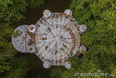 Drone view of tower roof in the middle pf roof canopy Stock Photo