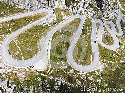 Drone view at Tremola the old road to Gotthard pass in Switzerland Stock Photo