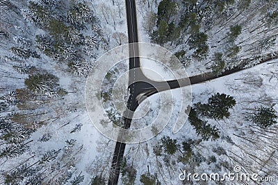 Drone view of winter forest road Stock Photo