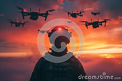 Drone Warrior Pilot Commanding a Swarm of drones at Sunset Stock Photo