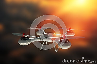 Drone, white quadrocopter against the sky with copy space. The concept of technology, robotization, computerization. 3D render, Stock Photo