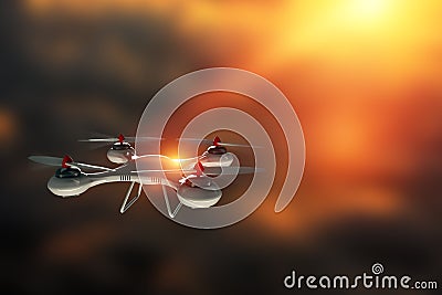 Drone, white quadrocopter against the sky with copy space. The concept of technology, robotization, computerization. 3D render, Stock Photo