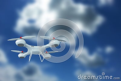 Drone, white quadrocopter against the sky with copy space. The concept of technology, robotization, computerization. 3D render, Stock Photo