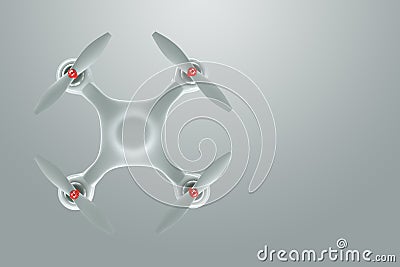 Drone, white quadrocopter on a white background with copy space. Top view, flat lay. The concept of technology, robotization, Cartoon Illustration