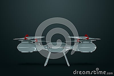 Drone, white quadrocopter on a dark background with copy space. The concept of technology, robotization, computerization. 3D Cartoon Illustration
