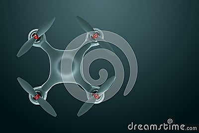 Drone, white quadrocopter on a dark background with copy space. Top view, flat lay. The concept of technology, robotization, Cartoon Illustration