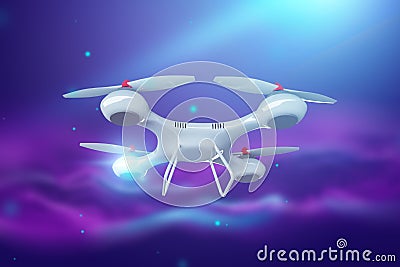 Drone, white quadrocopter on violet background with copy space. The concept of technology, robotization, computerization. 3D Cartoon Illustration