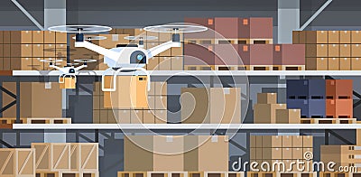 Drone working modern warehouse interior advanced robotics technology concept fast delivery artificial intelligence flat Vector Illustration
