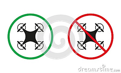 Drone Zone Warning Signs. Remote Control Quadcopter Silhouette Icons Set. Unmanned Camera Allowed, Aerial Camera Vector Illustration