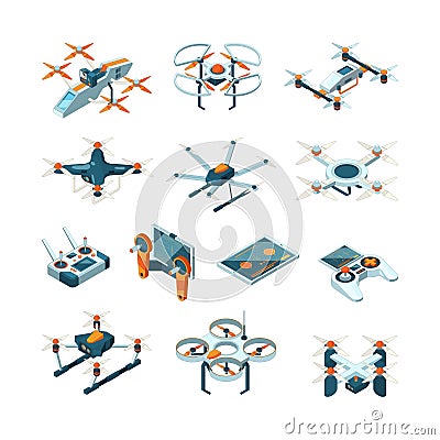 Drones. Aircraft innovation aerial technique vector aviation pictures isometric Vector Illustration