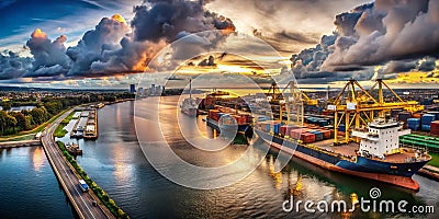 Drones Eye View of a Modern HighEfficiency Industrial Ship Loading Port Under Cloudy Skies Optimizing Cargo Handling Stock Photo