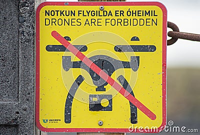 Drones are forbidden sign, no fly zone in Iceland Editorial Stock Photo