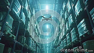 drones hovering over aisles in a warehouse, diligently scanning barcodes for precise inventory management, showcasing Stock Photo