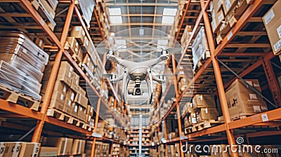 drones hovering over aisles in a warehouse, diligently scanning barcodes for precise inventory management, showcasing Stock Photo