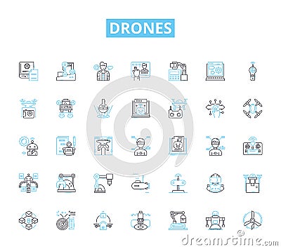 Drones linear icons set. Flying, Quadcopters, Remote-controlled, Unmanned, Hovering, Aerial, Surveillance line vector Vector Illustration