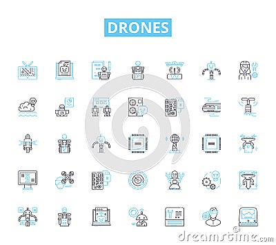 Drones linear icons set. Flying, Quadcopters, Remote-controlled, Unmanned, Hovering, Aerial, Surveillance line vector Vector Illustration