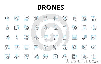 Drones linear icons set. Flying, Quadcopters, Remote-controlled, Unmanned, Hovering, Aerial, Surveillance vector symbols Vector Illustration