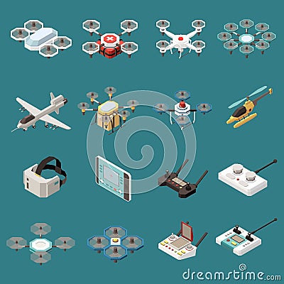 Drones Quadrocopters Isometric Set Vector Illustration