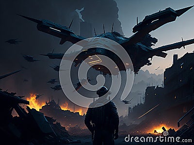 Drones ruling the city, urban warfare, rebels in dramatic clashes amidst rubble, dystopian future Cartoon Illustration