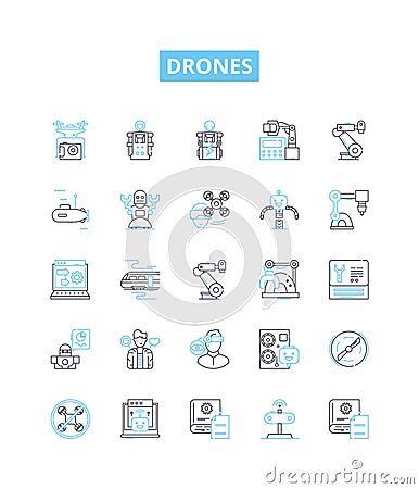 Drones vector line icons set. Drones, quadcopters, UAVs, flying robots, multi-rotor, autonomous, remote control Vector Illustration