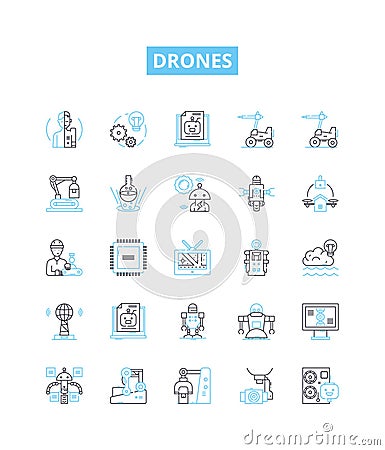 Drones vector line icons set. Drones, quadcopters, UAVs, flying robots, multi-rotor, autonomous, remote control Cartoon Illustration