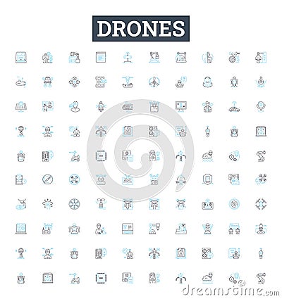 Drones vector line icons set. Drones, quadcopters, UAVs, flying robots, multi-rotor, autonomous, remote control Vector Illustration