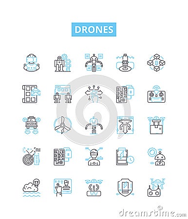 Drones vector line icons set. Drones, quadcopters, UAVs, flying robots, multi-rotor, autonomous, remote control Vector Illustration