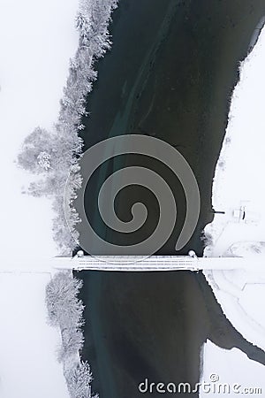 Drones view from above on railway bridge over the river Lech Stock Photo