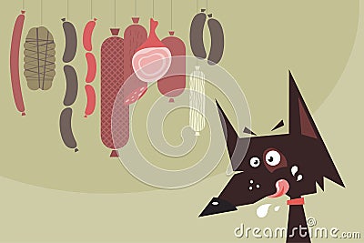 Drooling dog and sausages Vector Illustration