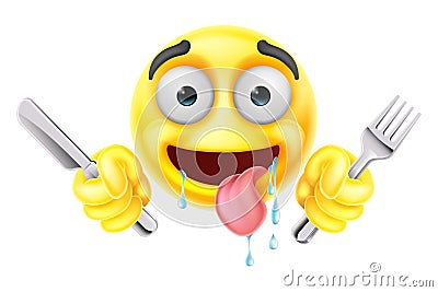 Drooling Hungry Emoticon Knife Fork Cartoon Face Vector Illustration