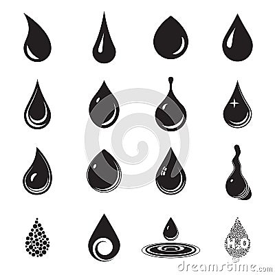 Drop icons. Drop, aqua, fluid symbols. Black drop icons isolated on a white background Vector Illustration