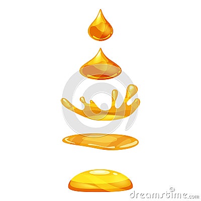 Drop of liquid, water falls and makes a splash, jrange, gold colour. Phases, frames, for animation, cartoon style Vector Illustration